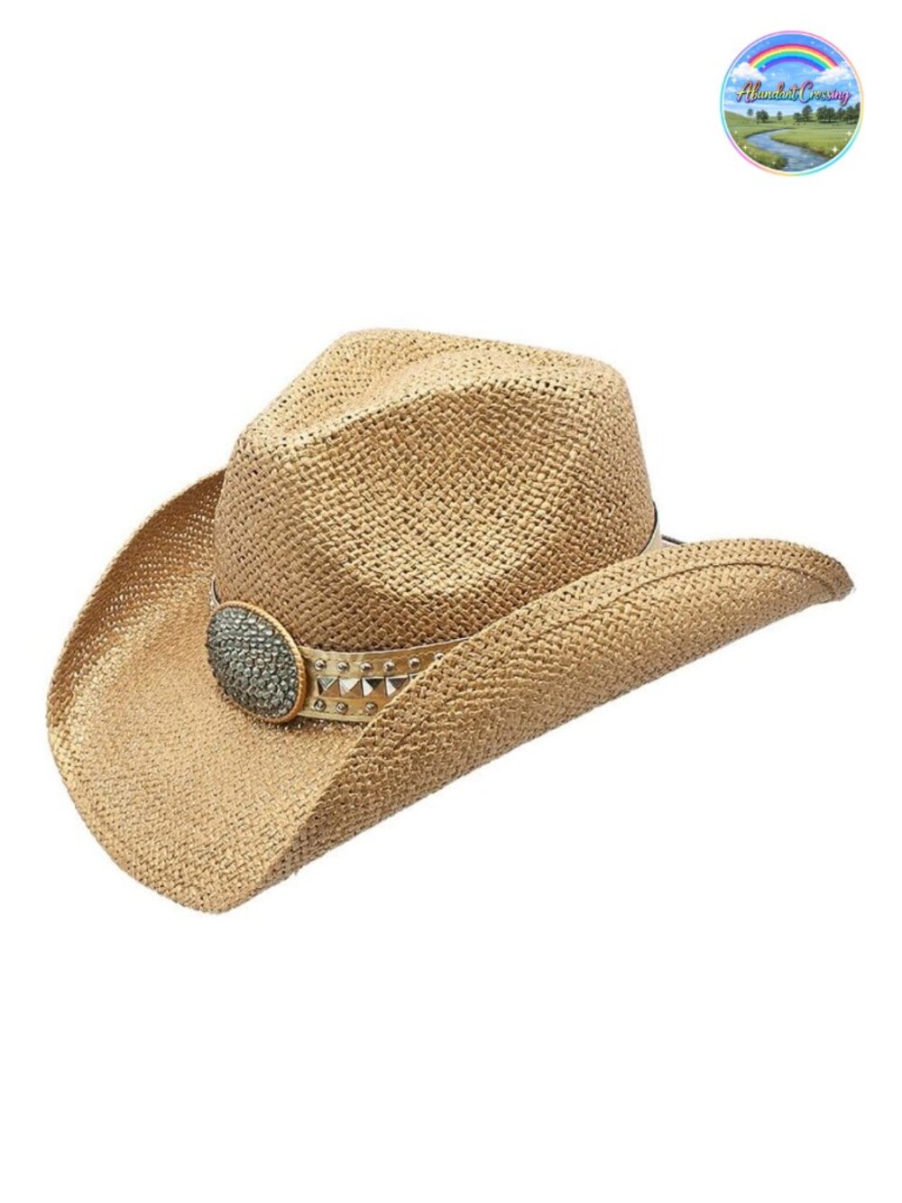 Rhinestone Cowgirl Hat with Studded Band, Straw, Adjustable